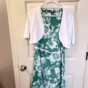 Size M Green Floral Dress with Belt & Sweater